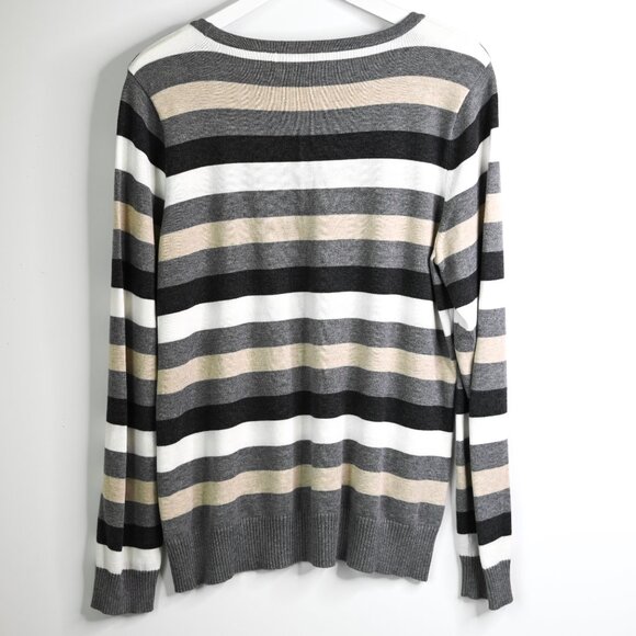 LIZ CLAIBORNE Gray Cream Tan Striped Long Sleeve Classic Soft Sweater - Size XL - Picture 5 of 8